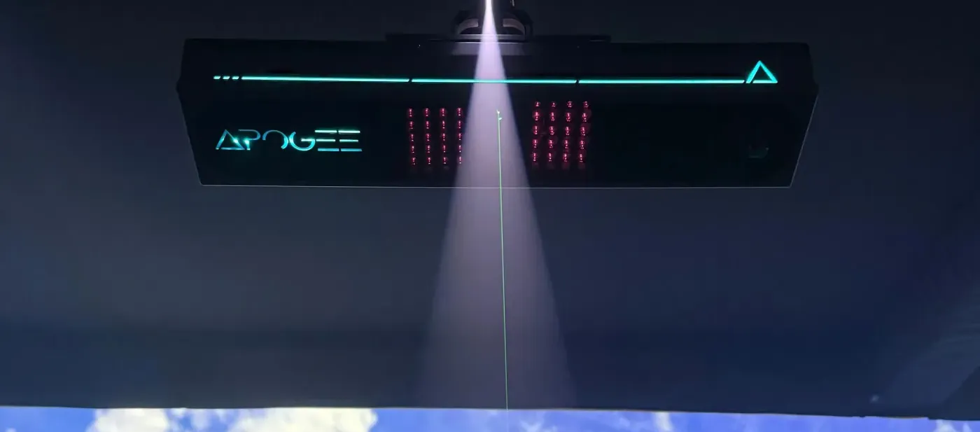 TruGolf Apogee overhead launch monitor projecting onto a golf simulator screen